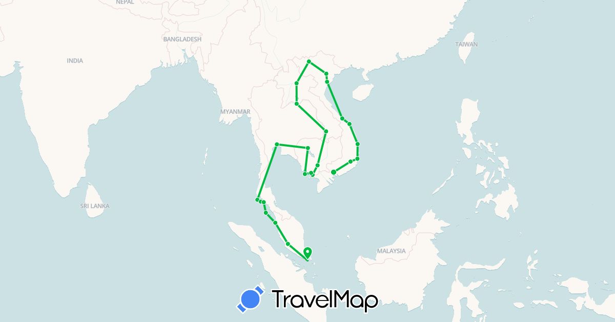 TravelMap itinerary: driving, bus in Cambodia, Laos, Malaysia, Singapore, Thailand, Vietnam (Asia)